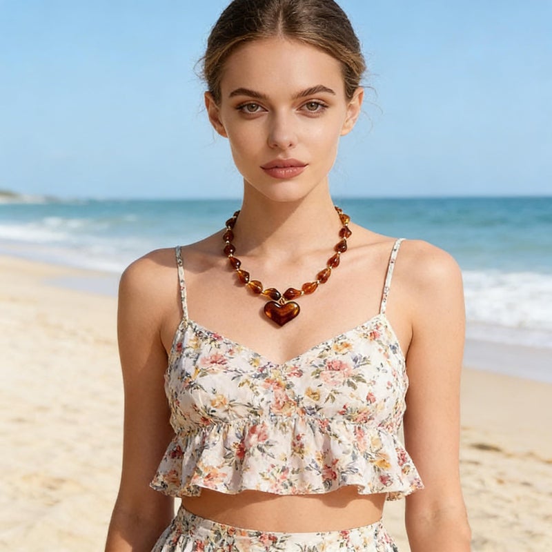YUJIE Chunky Heart Necklace for Women- Boho Colorful Acrylic Resin Beaded Pendant Necklace with Gold Spacers, Trendy Y2K Statement Choker for Summer Beach Vacation(amber-2) - Image 4