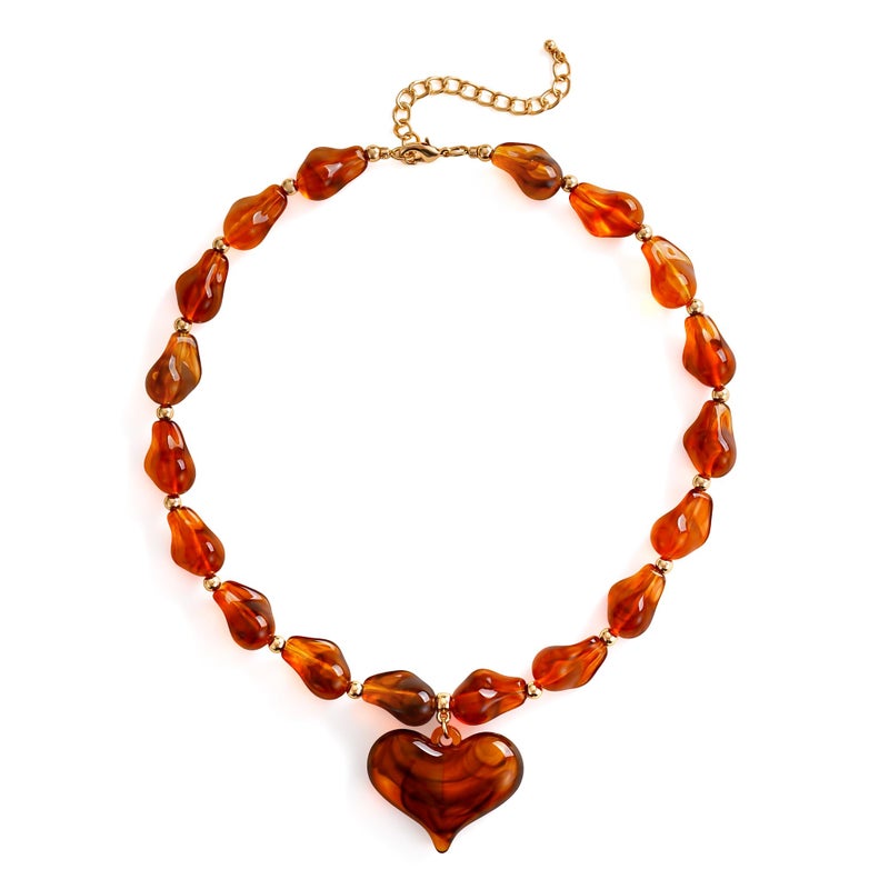 YUJIE Chunky Heart Necklace for Women- Boho Colorful Acrylic Resin Beaded Pendant Necklace with Gold Spacers, Trendy Y2K Statement Choker for Summer Beach Vacation(amber-2) - Image 1