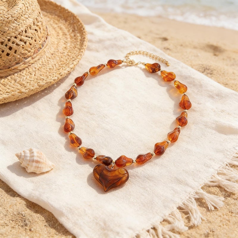 YUJIE Chunky Heart Necklace for Women- Boho Colorful Acrylic Resin Beaded Pendant Necklace with Gold Spacers, Trendy Y2K Statement Choker for Summer Beach Vacation(amber-2) - Image 5