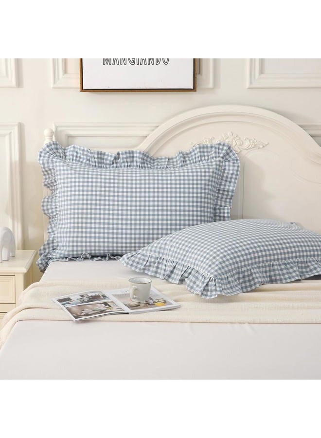Silnuo Light Blue Plaid Ruffle Pillow Shams Queen Size Set of 2,Washed Cotton Shabby Checkered Gingham Pillow Covers 20x30 Inches - Image 1