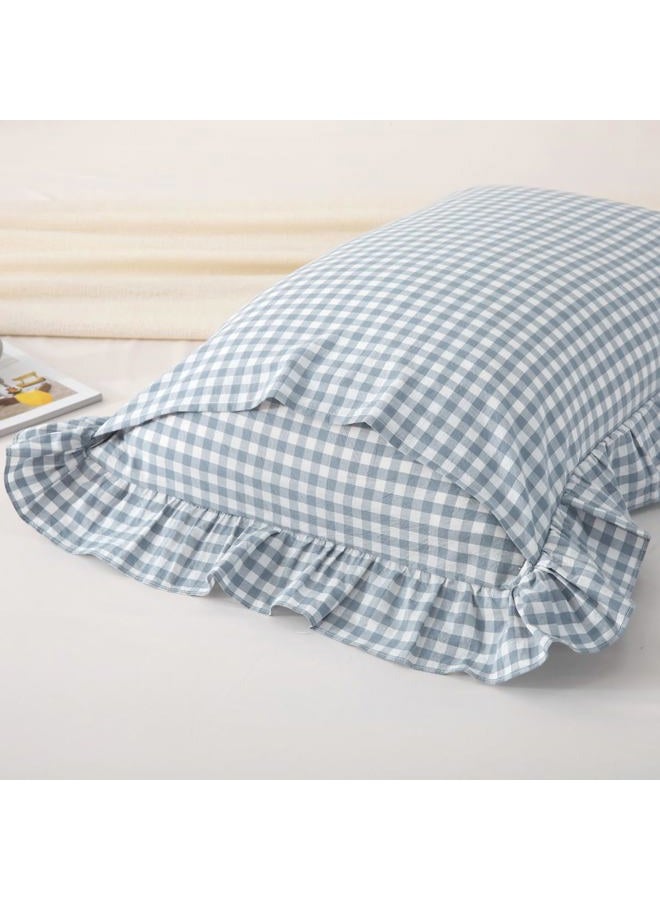 Silnuo Light Blue Plaid Ruffle Pillow Shams Queen Size Set of 2,Washed Cotton Shabby Checkered Gingham Pillow Covers 20x30 Inches - Image 4