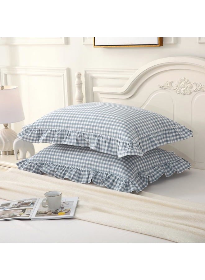Silnuo Light Blue Plaid Ruffle Pillow Shams Queen Size Set of 2,Washed Cotton Shabby Checkered Gingham Pillow Covers 20x30 Inches - Image 3