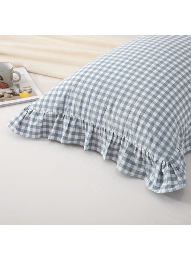 Silnuo Light Blue Plaid Ruffle Pillow Shams Queen Size Set of 2,Washed Cotton Shabby Checkered Gingham Pillow Covers 20x30 Inches - Image 5