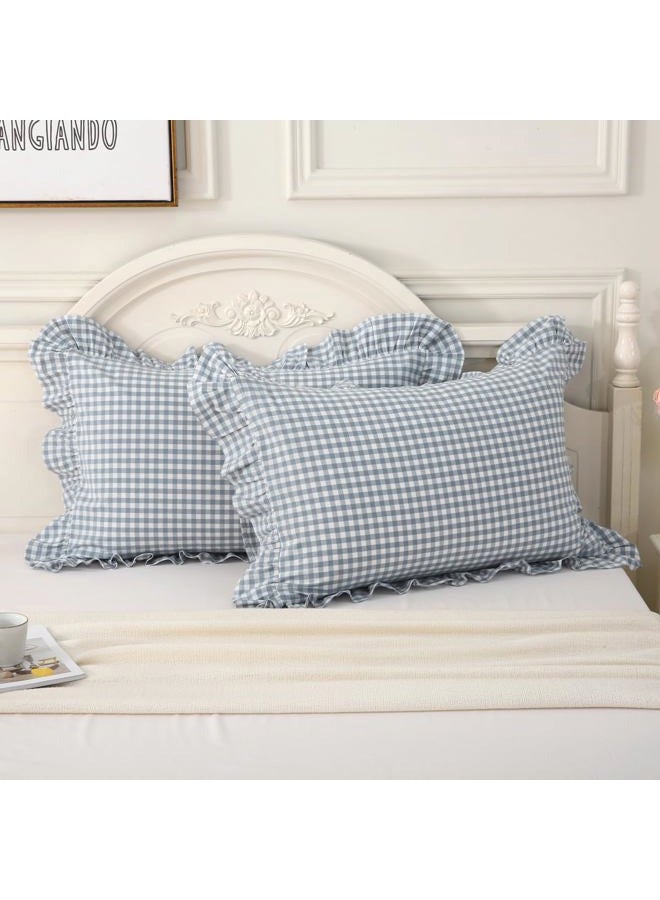Silnuo Light Blue Plaid Ruffle Pillow Shams Queen Size Set of 2,Washed Cotton Shabby Checkered Gingham Pillow Covers 20x30 Inches - Image 2