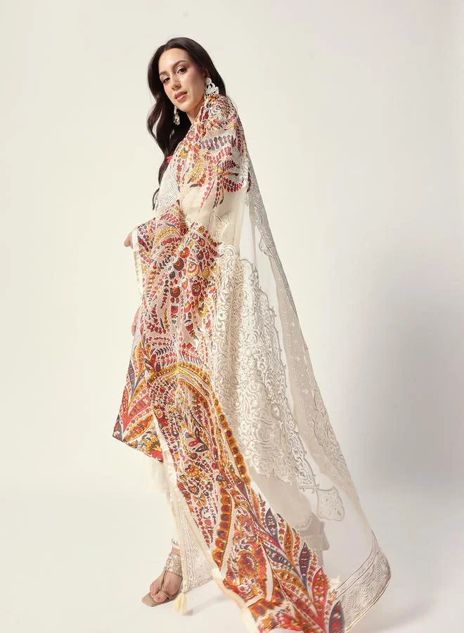 ISHIN Women's Off White Rayon Textured Tunic Full Palazzo Regular Fit Kurta Set