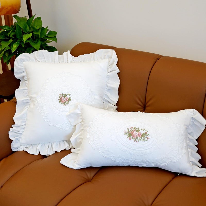vctops Boho White Cotton Pillow Covers 12x20 Inch Lace Embroidery Ruffle Pillow Covers Vintage Lumbar Couch Cushion Case for Wedding Chair Sofa Living Room (FS White,12"x20") - Image 3