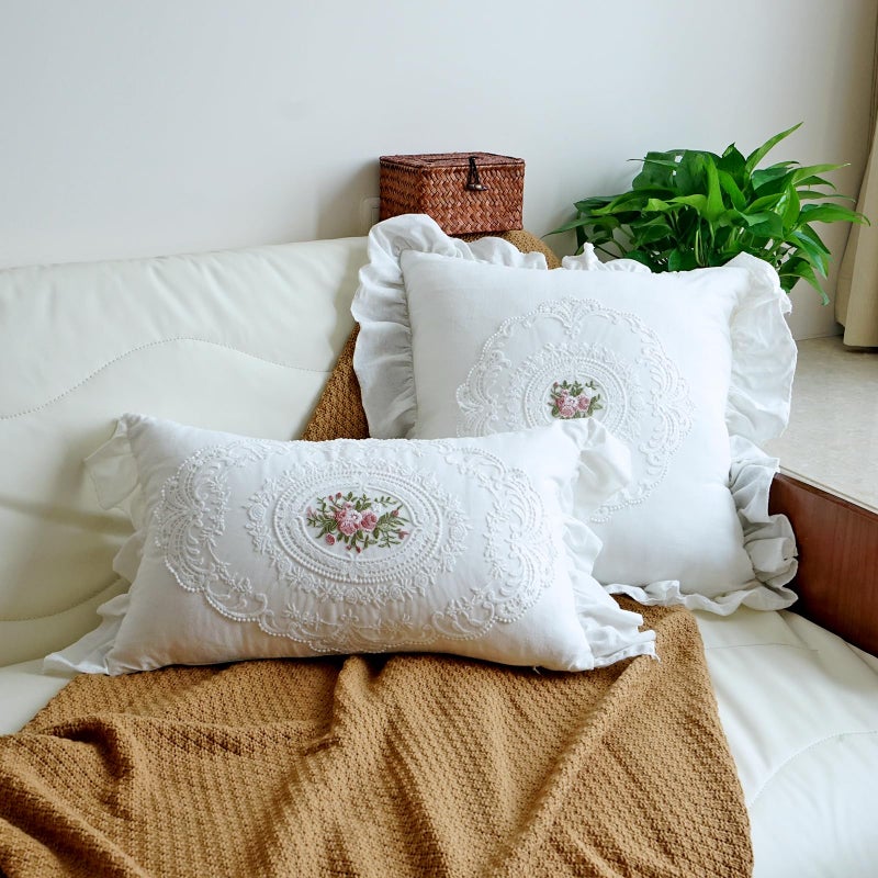 vctops Boho White Cotton Pillow Covers 12x20 Inch Lace Embroidery Ruffle Pillow Covers Vintage Lumbar Couch Cushion Case for Wedding Chair Sofa Living Room (FS White,12"x20") - Image 2