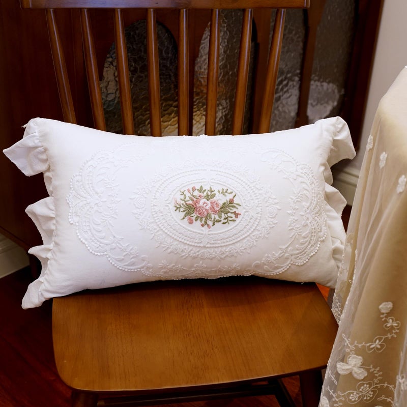vctops Boho White Cotton Pillow Covers 12x20 Inch Lace Embroidery Ruffle Pillow Covers Vintage Lumbar Couch Cushion Case for Wedding Chair Sofa Living Room (FS White,12"x20") - Image 1