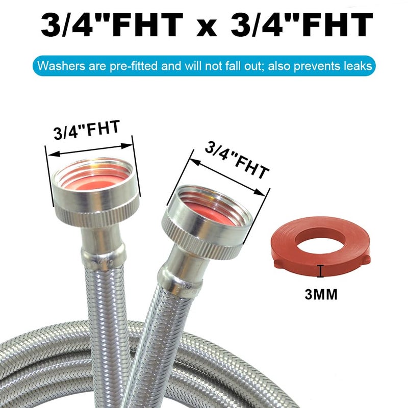 TT FLEX Washing Machine Hoses 6 FT, Braided Stainless Steel Washer Hoses with 3/4" FHT Connector, Washing Machine Water Supply Line - Image 2