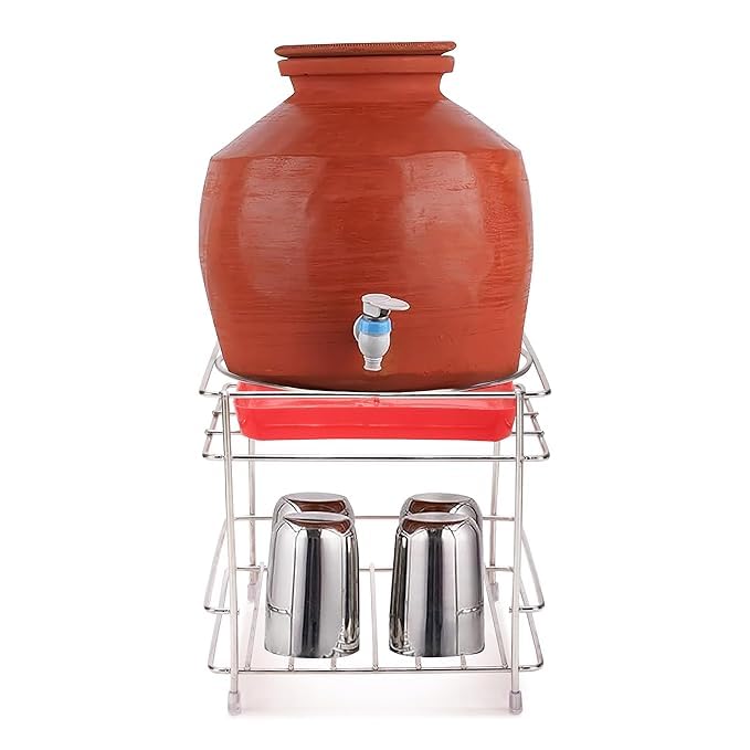 CR18 COLLECTION Round Surface Matka Stand for Water Pot|Pot Stand for kitchen utensils Heavy Stainless Steel Matka Stand,2-Tier Water Pot Stand with Glass Holder,Free Standing,Storage Rack - Image 1