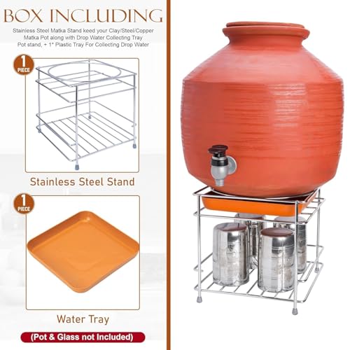 CR18 COLLECTION Round Surface Matka Stand for Water Pot|Pot Stand for kitchen utensils Heavy Stainless Steel Matka Stand,2-Tier Water Pot Stand with Glass Holder,Free Standing,Storage Rack - Image 4
