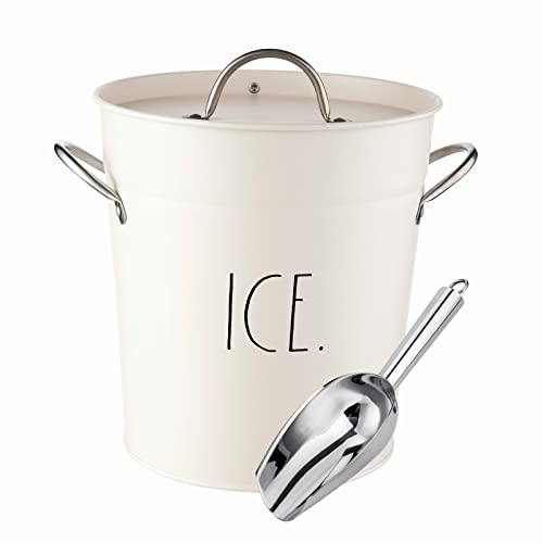 Rae Dunn Ice Bucket with Scoop Stainless Steel Bucket with Handle Lid and Ice Scooper 4 Qt Storage Bin for Ice Cubes for Bars Parties Backyard Barbeques Picnics and Camping White