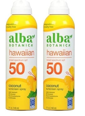 Alba Botanica Sunscreen Spray for Face and Body Broad Spectrum SPF 50 Sunscreen Hawaiian Coconut Water Resistant and Biodegradable 5 fl oz Bottle Pack of 2