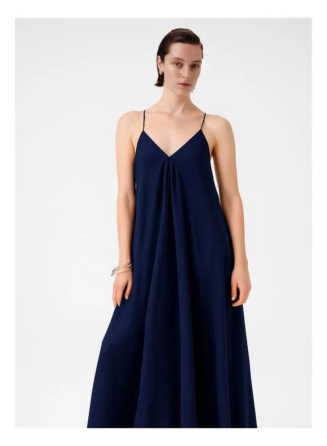 Mısırlı 1951 Navy Blue Thin-Strap V-Neck Long Dress.