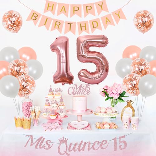 Cheereveal 15th Birthday Decorations for Girls Rose Gold Mis Quince 15 Banner Cake Topper Quinceanera Decor Cheers to 15 Years Decorations Number 15 Foil Balloon for Fifteen Birthday Party - Image 5