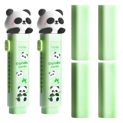 WISHKEY Panda Theme Pencil Eraser for Girls and Boys, Fancy Erasers for Kids, Cute Retractable Erasers with Protective Case, Stylish Eraser for School Students, Big Eraser (Pack of 2, Green) - Image 1