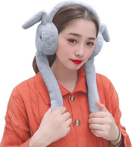 THE DDS STORE (With Blinking Light Moving Earmufuffs With Rabbit Ear In Winter Windproof Girls Ear Warmer Plush Knitted Ear Muffs Hairy Rabbit Ear (Grey) - Image 1