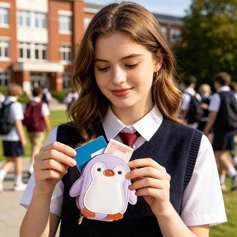 Pocket Type Card Organizer Wallet | Large Capacity Zipper PU Leather Penguin Purse - Cute Animal Coin Holder | For Adults Kids Travel Work & School, Purple, Consulte la descripción, See description - Image 2