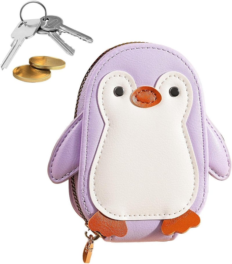 Pocket Type Card Organizer Wallet | Large Capacity Zipper PU Leather Penguin Purse - Cute Animal Coin Holder | For Adults Kids Travel Work & School, Purple, Consulte la descripción, See description - Image 1