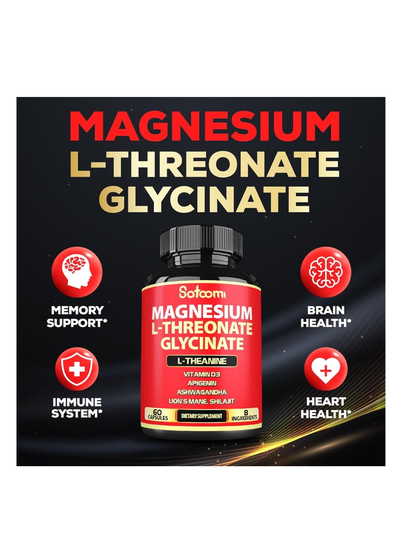 Satoomi - Magnesium L-Threonate and Glycinate - Plus Ashwagandha, L-Theanine, Lions Mane Vitamin D3 and More - Supports Brain Health & Memory - 60 Count - Image 1