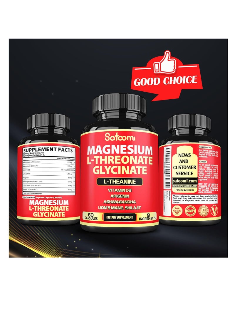 Satoomi - Magnesium L-Threonate and Glycinate - Plus Ashwagandha, L-Theanine, Lions Mane Vitamin D3 and More - Supports Brain Health & Memory - 60 Count - Image 1