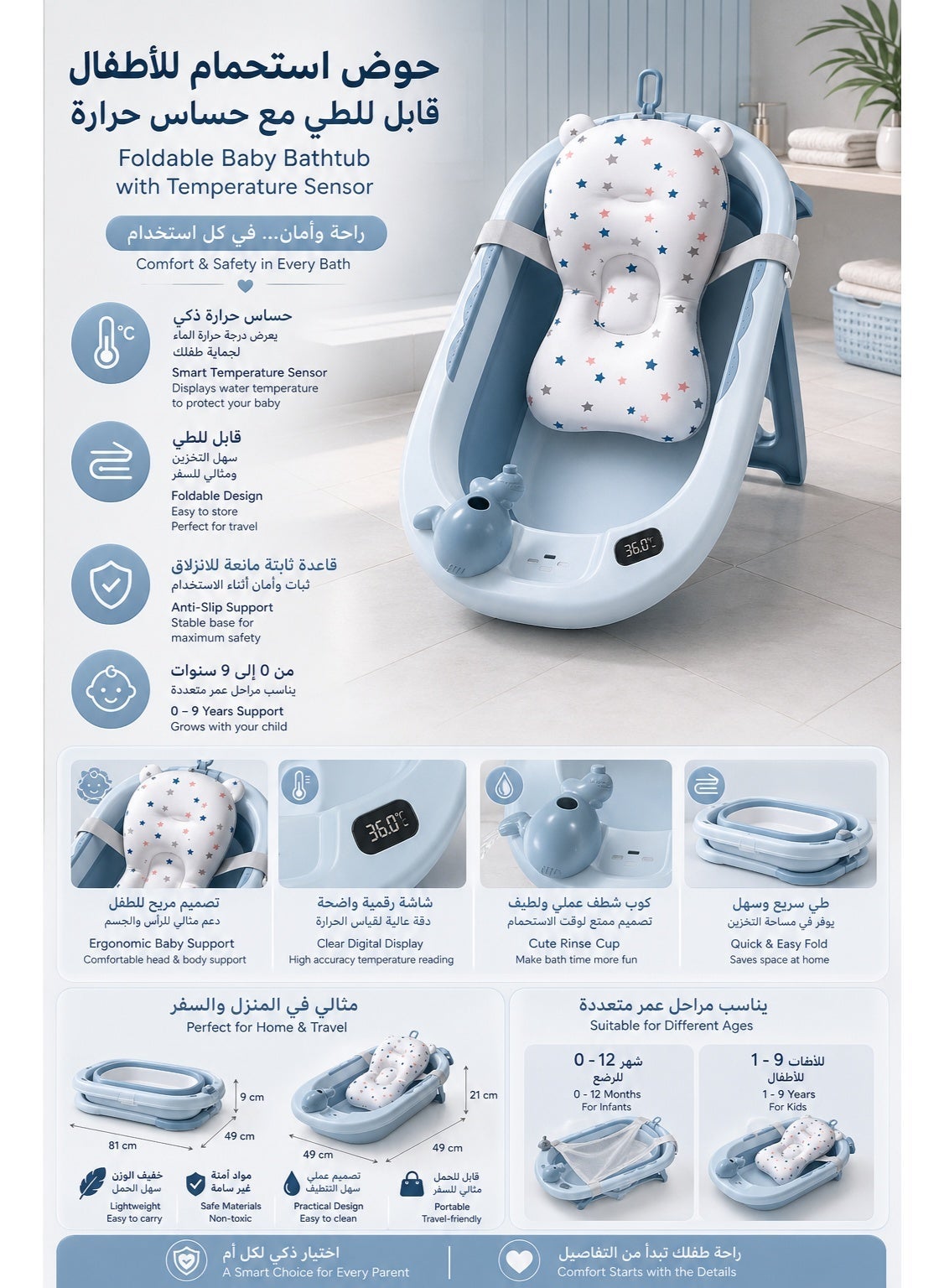 OLUDENIZ Foldable Baby Bathtub with Temperature Sensor – Portable & Non-Slip for 0-9 Years