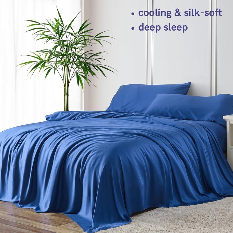 واي أن أم طقم شراشف سرير من الخيزران ، قماش 500TC مع وسادتين وملاءة مسطحة، جيب عميق يناسب 19 بوصة، ملمس بارد وناعم كالحرير، يمتص العرق، 4 قطع (Full، أزرق داكن الخيزران) - Image 2