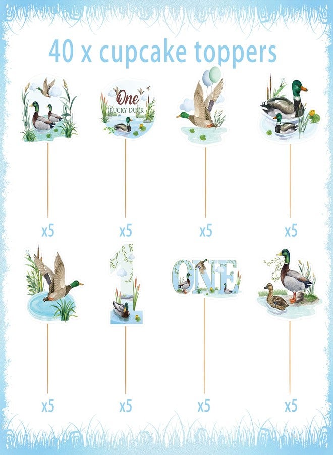 EoBeCy 40 Pcs One Lucky Duck Birthday Decorations, 1st Birthday Cupcake Toppers with Mallard Duck Rustic Pond Designs, One Year Old Party Supplies for Boys or Girls (8 Designs) - Image 3
