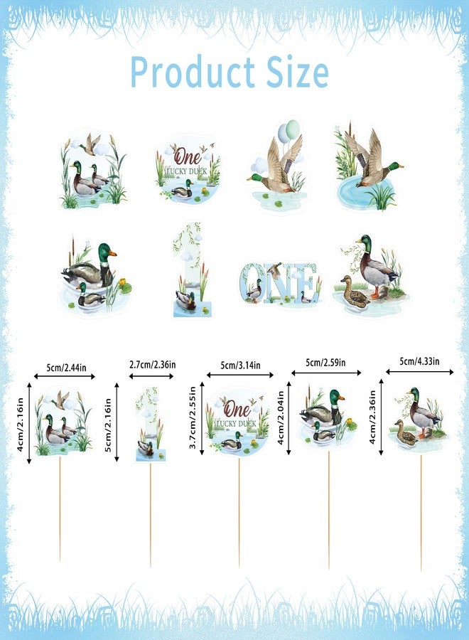 EoBeCy 40 Pcs One Lucky Duck Birthday Decorations, 1st Birthday Cupcake Toppers with Mallard Duck Rustic Pond Designs, One Year Old Party Supplies for Boys or Girls (8 Designs) - Image 2