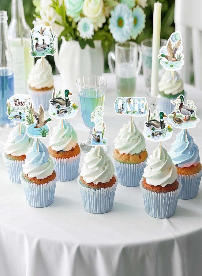 EoBeCy 40 Pcs One Lucky Duck Birthday Decorations, 1st Birthday Cupcake Toppers with Mallard Duck Rustic Pond Designs, One Year Old Party Supplies for Boys or Girls (8 Designs) - Image 5