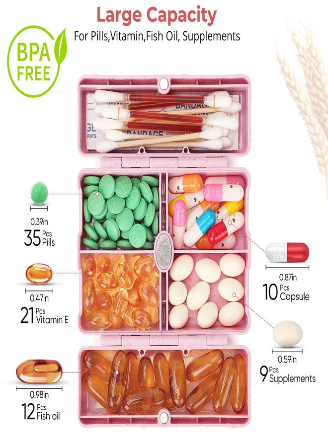 Zentiky Small Daily Pill Organizer with Labels, Medicine Pill Organizer Fit with Your Purse or Pocket for Travel to Hold Vitamin, Fish Oil, Supplement,Cotton Swabs, Bandages or Jewelry-Pink - Image 2