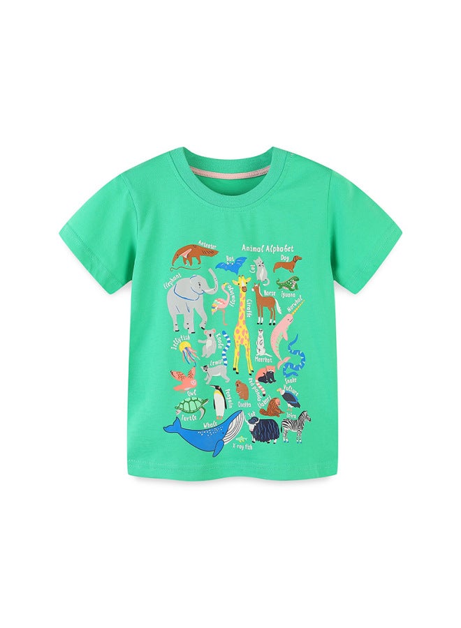 Children's Cartoon Animal Print Short Sleeve T-Shirt – Round Neck