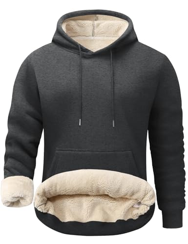 Flygo Mens Casual Fleece Sherpa Lined Hoodie Winter Warm Pullover Hooded SweatshirtDarkGreyXL