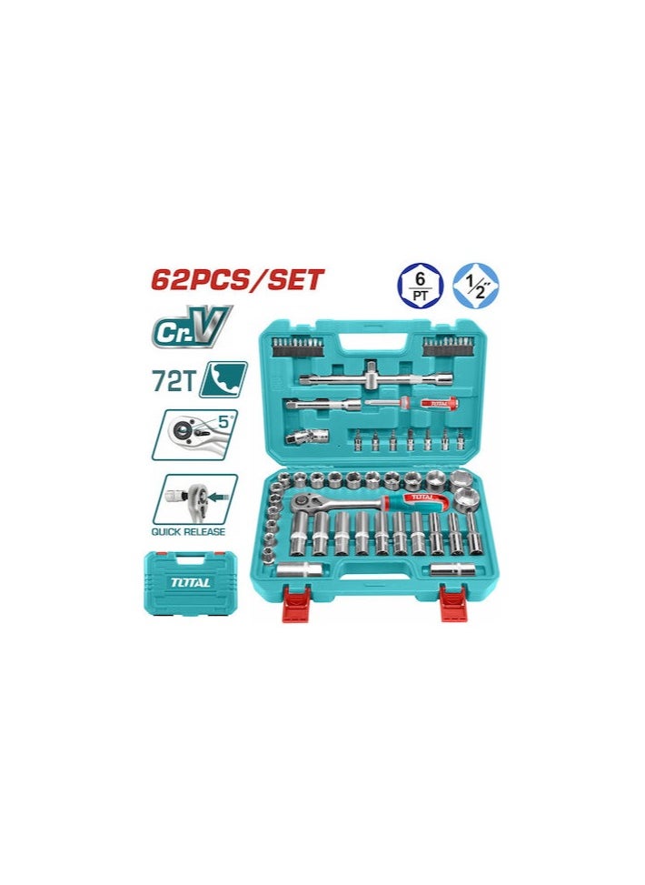 TOTAL Super Total 62-Piece Socket Set – 1/2" & 1/4" Drive, Includes Ratchet Handle, Deep & Standard Sockets, Universal Joint, Extension Bars, Spark Plug Sockets, Bit Holder, and Screwdriver Bits – Chrome Vanadium Steel, Heat Treated  - Image 1