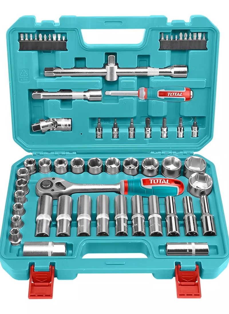 TOTAL Super Total 62-Piece Socket Set – 1/2" & 1/4" Drive, Includes Ratchet Handle, Deep & Standard Sockets, Universal Joint, Extension Bars, Spark Plug Sockets, Bit Holder, and Screwdriver Bits – Chrome Vanadium Steel, Heat Treated  - Image 2