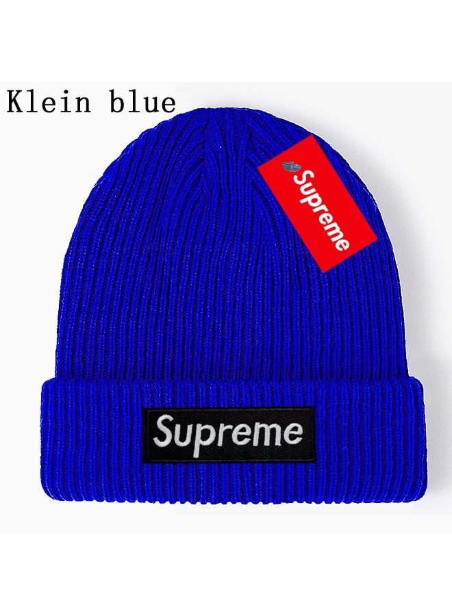 SUPREME Vibrant Klein Blue Ribbed Knit Beanie with Dual Supreme Logos – Statement Streetwear Headwear 587Size