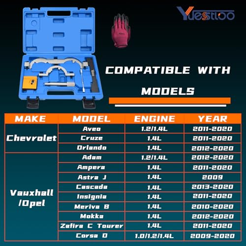 Yuesstloo مجموعة أدوات توقيت محرك يويستلو توربو لسيارات فاوكسهول أوبل شيفروليه أفيو كروز أورلاندو آدام أمبيرا أسترا ج كاسكادا 1.0 1.2 1.4 لتر، مجموعة أدوات قفل تثبيت عمود الكامات مع حقيبة وقفازات - Image 2