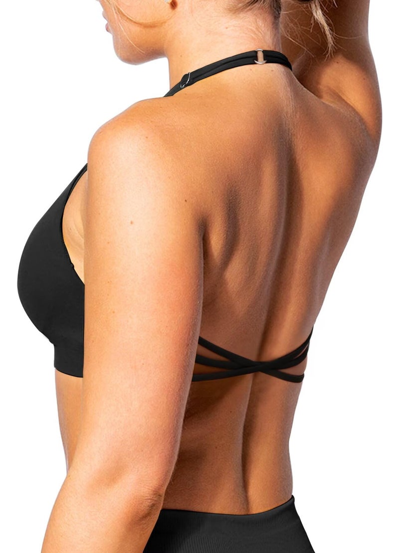 TZLDN Halter Sports Bras Women Padded Strappy Backless Gym Yoga Adjustable Workout Crop Tops Longline Tank Low Impact Black - Medium - Image 1