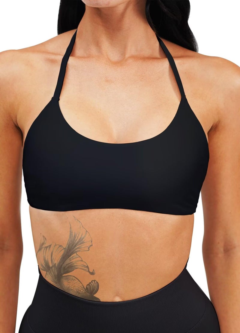 TZLDN Halter Sports Bras Women Padded Strappy Backless Gym Yoga Adjustable Workout Crop Tops Longline Tank Low Impact Black - Medium - Image 2