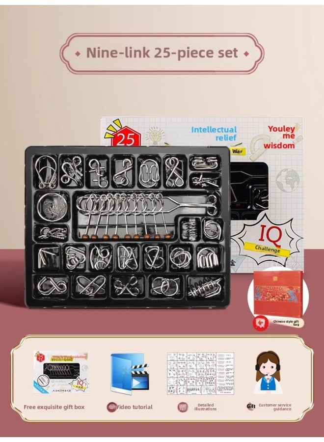 Unlock 20 Full Set Of Nine-ring Metal Unlock Educational Toys Intellectual Buckle Student Luban Lock-Color:【puzzle Deconation Ring】 25-piece Set With Free Gift Bag  - Image 1
