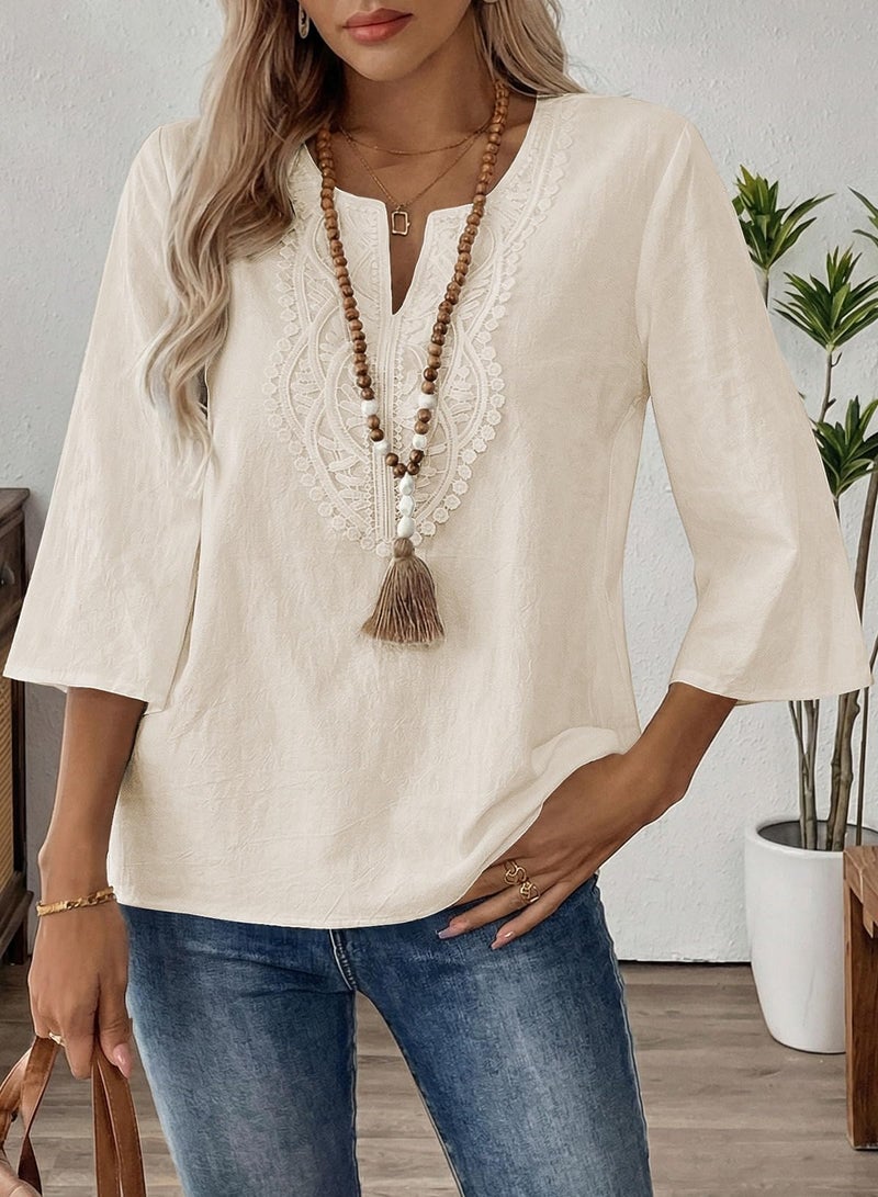 EVALESS Womens Tops Trendy 2026 Boho 3/4 Sleeve Embroidered Lace V Neck Business Work Blouses Dressy Casual Spring Fashion Outfits Parchment XL - Image 3