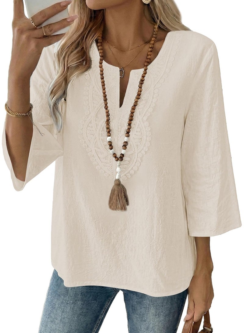 EVALESS Womens Tops Trendy 2026 Boho 3/4 Sleeve Embroidered Lace V Neck Business Work Blouses Dressy Casual Spring Fashion Outfits Parchment XL - Image 1