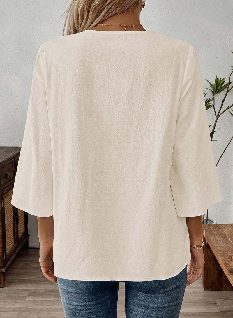 EVALESS Womens Tops Trendy 2026 Boho 3/4 Sleeve Embroidered Lace V Neck Business Work Blouses Dressy Casual Spring Fashion Outfits Parchment XL - Image 4