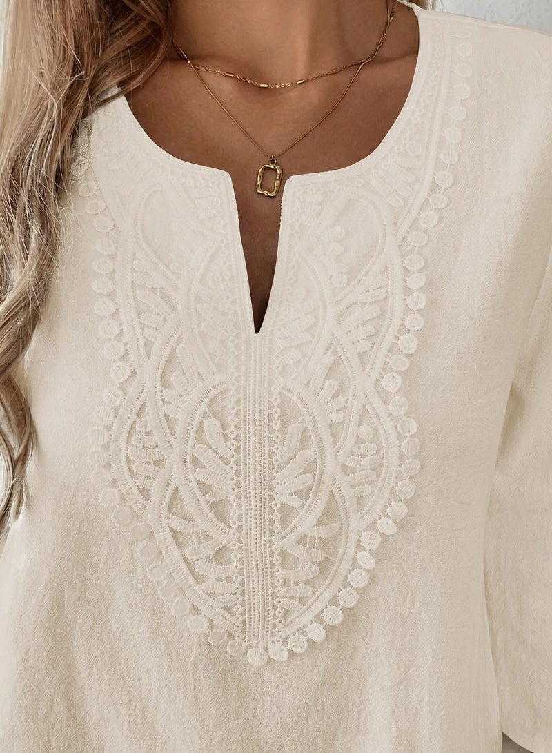 EVALESS Womens Tops Trendy 2026 Boho 3/4 Sleeve Embroidered Lace V Neck Business Work Blouses Dressy Casual Spring Fashion Outfits Parchment XL - Image 5