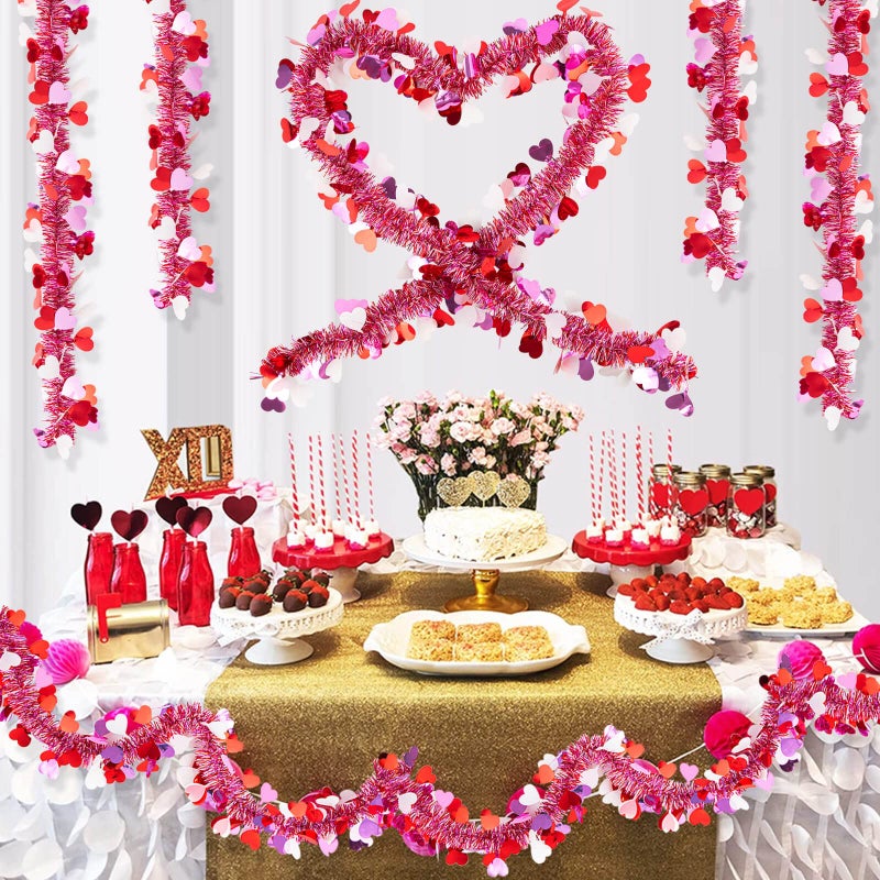KVCSYAW 6 PCS Valentine's Day Tinsel Garland, 39.4 ft Heart Metallic Fringe Garlands Valentine's Day Hanging Garland Decorations for for Valentines Party Wedding New Years Home Indoor Outdoor (Red Pink White) - Image 4