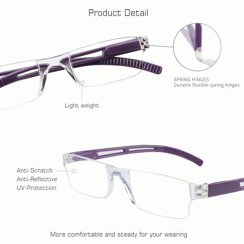 VisionGlobal 2 Pairs Reading Glasses, Blue Light Blocking Glasses, Computer Reading Glasses for Women and Men, Fashion Square Eyewear Frame (2purple,+1.75 Magnification) - Image 2