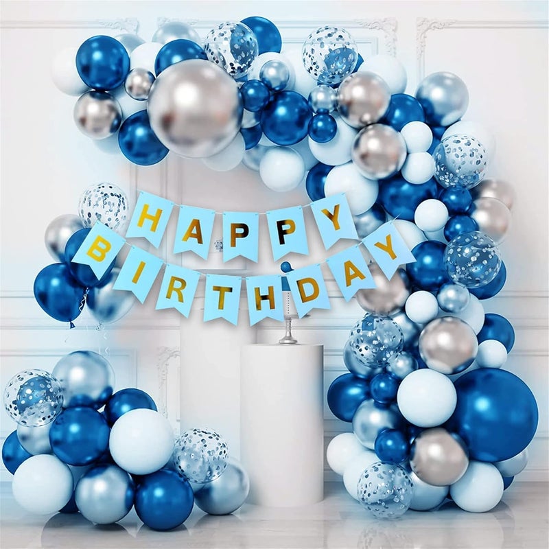 Birth day Decoration Items - 52 Pcs, Happy Birth day Decoration Kids Adults | Birth day Decoration Items for Boy Husband Men | Blue White Silver Balloons, Balloon Arch Tape, Banner (Cardstock) - Image 1