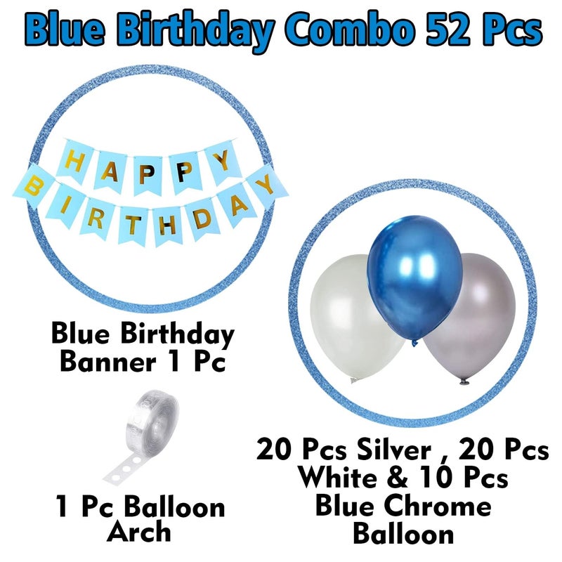 Birth day Decoration Items - 52 Pcs, Happy Birth day Decoration Kids Adults | Birth day Decoration Items for Boy Husband Men | Blue White Silver Balloons, Balloon Arch Tape, Banner (Cardstock) - Image 3
