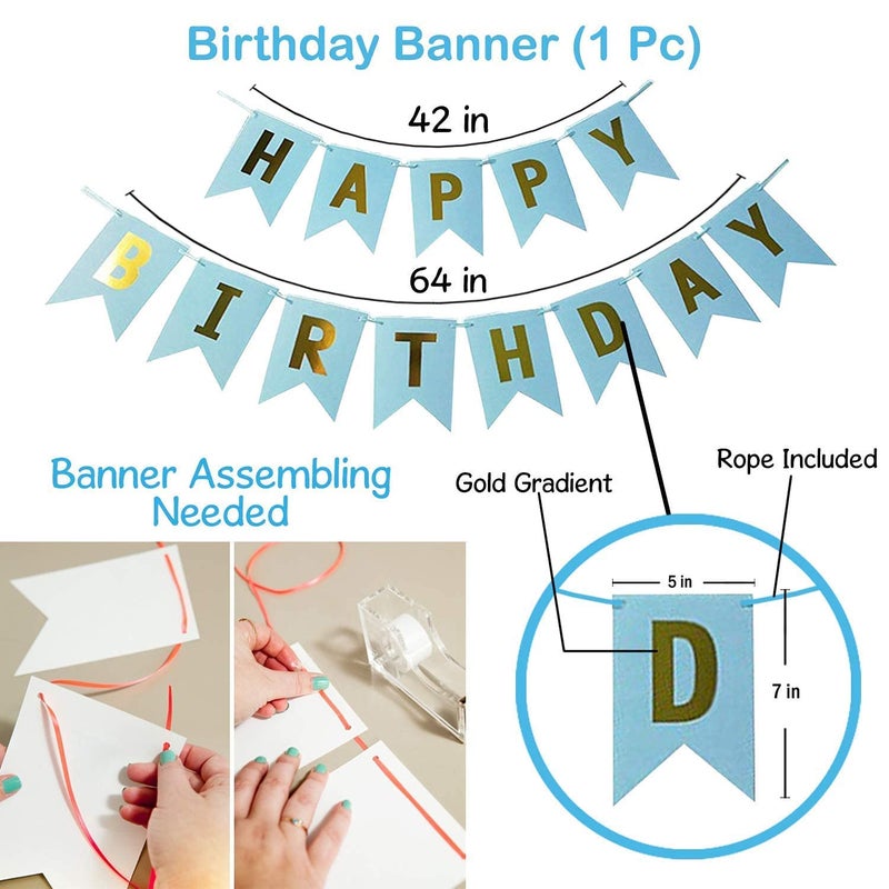 Birth day Decoration Items - 52 Pcs, Happy Birth day Decoration Kids Adults | Birth day Decoration Items for Boy Husband Men | Blue White Silver Balloons, Balloon Arch Tape, Banner (Cardstock) - Image 2