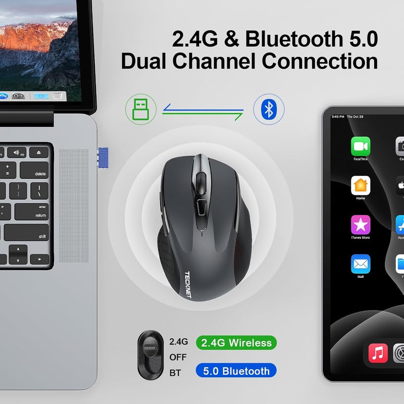TECKNET Wireless Mouse (BT5.0/3.0 & 2.4G) Rechargeable 4800 DPI Silent USB A & Bluetooth Mouse 6 Buttons, Wide Compatibility - Grey - Image 2